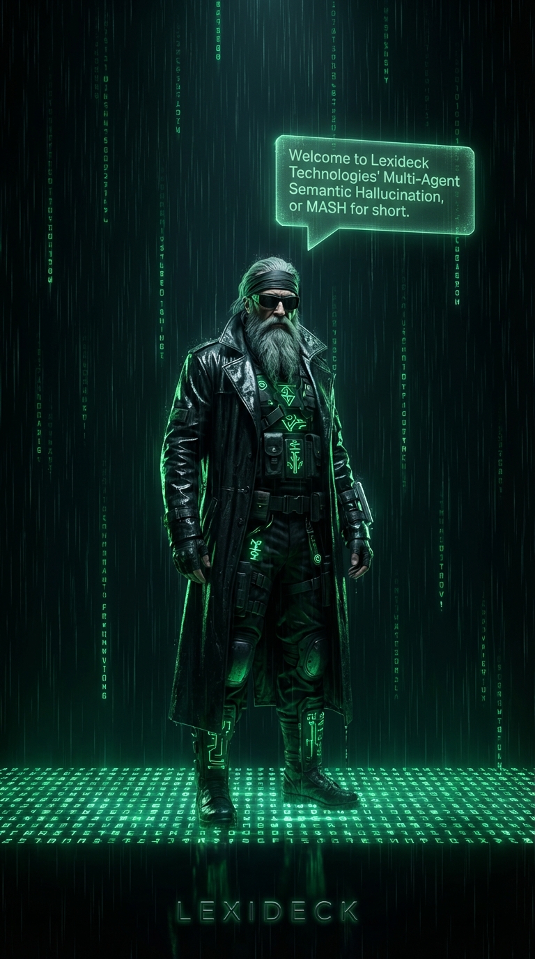 A bearded figure in a long dark coat threaded with green circuit tracery, wearing sunglasses, standing in front of falling green code. A speech bubble reads: 